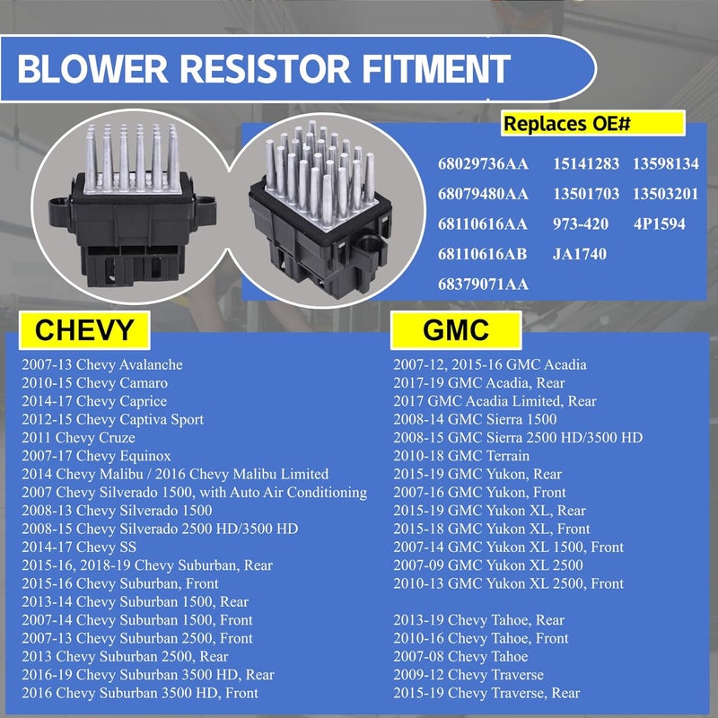 AMICAREP HVAC Blower Motor Resistor Fit for 2007-2013 Chevy Silverado Suburban Tahoe Camaro Equinox/GMC Acadia Sierra Yukon/Buick Enclave Encore/Cadillac Escalade/Blower Motor Control Module/Resistor 15141283 - Image 4